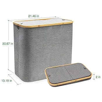 Collapsible 2 Portion Laundry Basket\Box with Wooden Lid